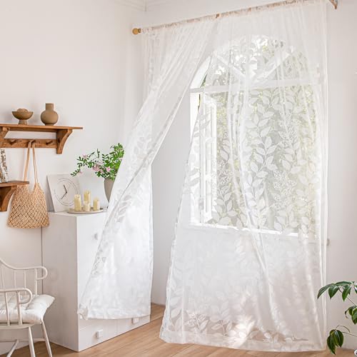 Image of Treatmentex Lace White Sheer Curtains for Living Room 84inch Vintage Botanical Floral Leaf Semi Sheer Window Curtain Panel for Bedroom 54 inch W 2pcs Rod Pocket 7ft Floor Length