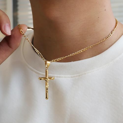 Crucifix Cross Necklace 18k Gold Plated Stainless Steel Cross Pendant Necklace with Jesus 3mm 20" Figaro Chain For Men Women3