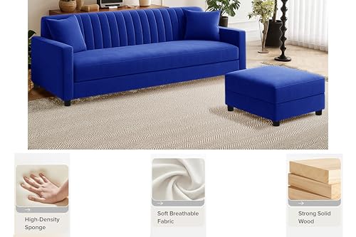 Image of Los Angeles Modern 3-Seater Wooden Sofa Set with Ottoman, Soft Velvet Upholstery, Comfortable Couch for Living Room, Office & Apartment - Blue Color