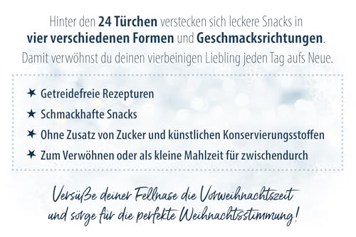 Happy Dog Adventskalender - Getreidefreie Snacks, Ideal zum Verwöhnen, Ohne Zuckerzusatz und Zusatz von Konservierungsstoffen, Vier Verschiedene Sorten köstlicher Hundeleckerlies