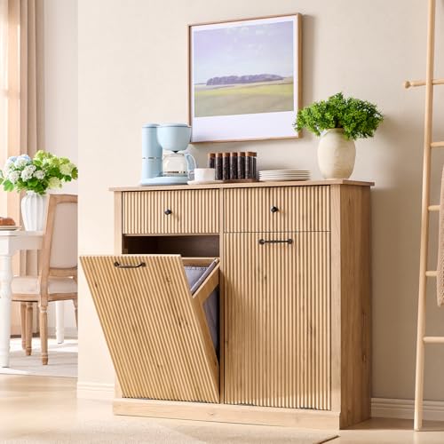 Image of IFBUY Double Tilt Out Laundry Hamper Cabinet, Modern Trash Cabinet, Natural