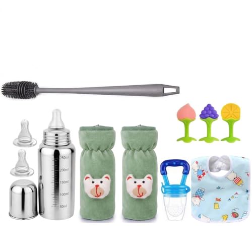 Image of Y.GOYAL&CO. Stainless Steel Baby Feeding Bottle 250ml with Silicone Nipples and Cleaning Brush, BPA Free, Anti Colic Valve, Wide Neck for Newborns Babies, Infants, and Toddlers (PK-8-GRY-2)