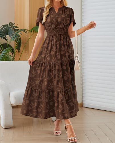 Image of Women's Maxi Dresses Boho Burnout V Neck Short Puff Sleeve Smocked Empire Waist Long Wedding Guest Semi Formal Dress Pockets
