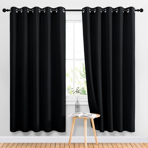 Image of NICETOWN Blackout Curtains Panels for Living Room, 2 Panels, 66 x 70 Inch, Black, 3 Pass Microfiber Noise Reducing Thermal Insulated Solid Ring Top Blackout Window Drapes