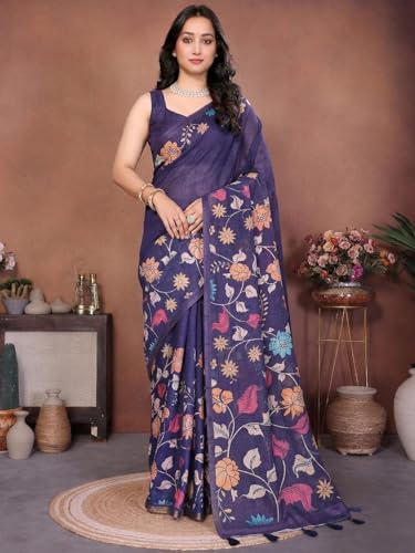 Image of SAMANTHA Black Floral Print Ready to Wear Linen Saree with Pocket & Adjustable Belt