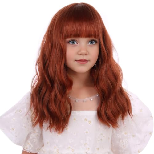 Image of Orange Wig Short Dark Orange Wavy Curly Wigs Orange Wig with Air Bangs Synthetic Cosplay Hair Wig