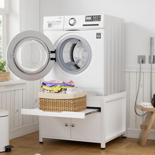 Socle Machine a Laver avec Tablette,Washing Machine Base avec Espace de Rangement Dissimulé,Bac de Récupération,Tuyau D'évacuation,Fabriqué en MDF et en Métal,Capacité de 700 LB,63 * 54 * 50cm
