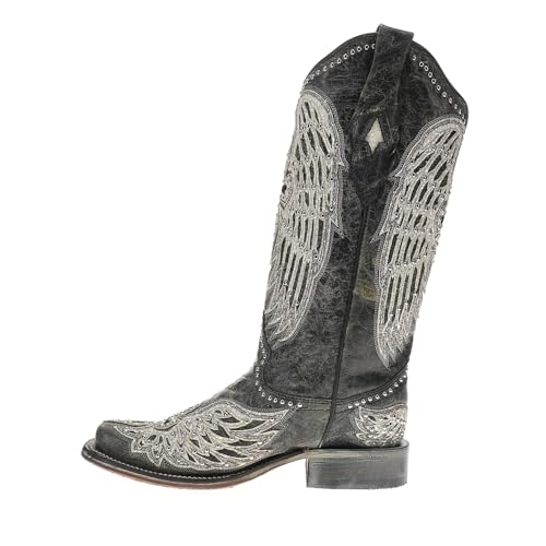CORRAL LADIE'S BLACK CROSS & WINGS OVERLAY & EMBROIDERY & STUDS SQ. TOE, LEATHER SOLE, WESTERN A42433