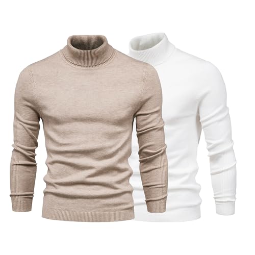Maiyifu-GJ 2 Pack Men's Turtleneck Sweaters Casual Slim Knitted Pullover Sweater Lightweight Ribbed Long Sleeve Thermal Tops
