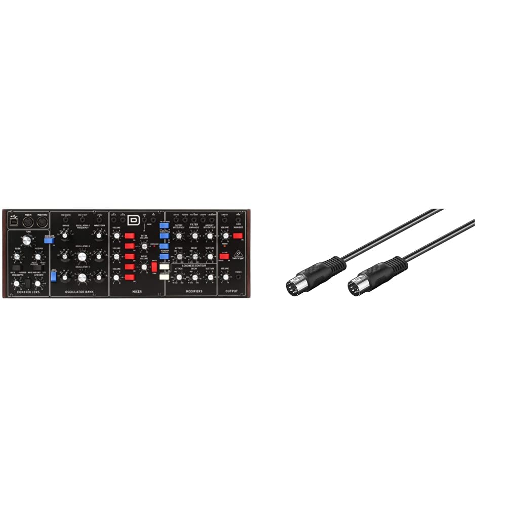 Behringer Legendärer Analog-Synthesizer Modell D, mit 3 VCO-Anschlüssen & Goobay 50020 Audio Stereo Verbindungskabel, 5-polig DIN Stecker auf 5-polig DIN Stecker, geschirmt, schwarz, 1,5m