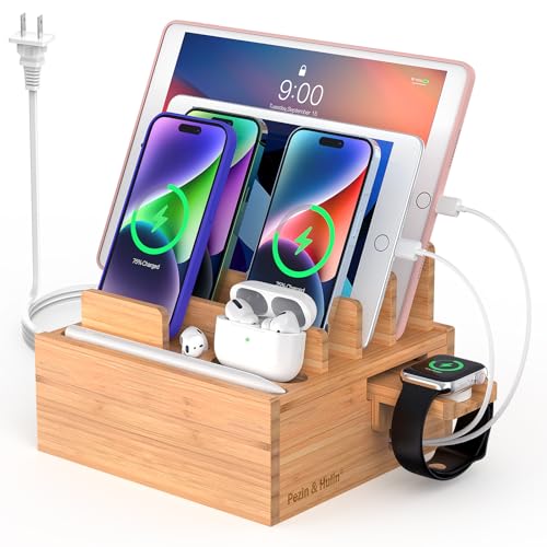 Pezin & Hulin Bamboo Charging Station for Multiple Devices Include 5 Port USB Charger, 5 Cables...