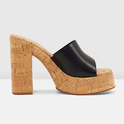 Fowt Cork High Chunky Heel Backless Mules For Women, Platform Open Toe Sandals For Dress, Slip On Block Heels Shoes For Summer Vacation Shopping Casual Jeans Size 7.5 Us #TOP3