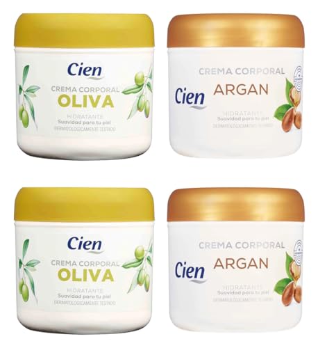 Pack 4 - Cien - 2 Crema Corporal Hidratante Oliva 250 ml. + 2 Crema Corporal Argán 250 ml. Suavidad para tu piel. Pack 4