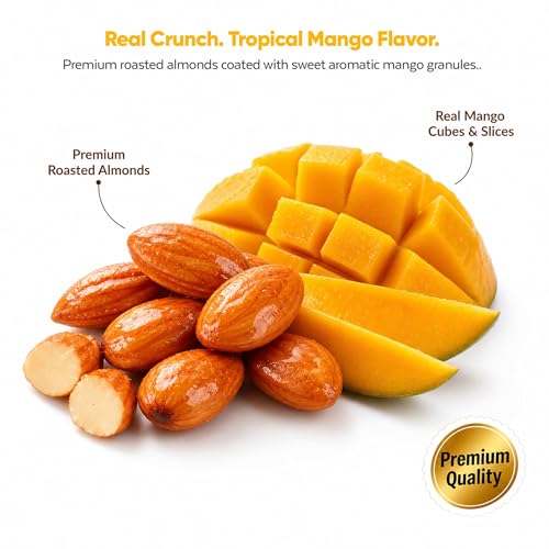 Image of DRIYOZ Sunkissed Mango Almonds 250g | Premium Crunchy Badam Coated with Sweet Mango Flavour Granules | Tropical Fruity Nut Snack for Gifting, Parties & Everyday Snacking