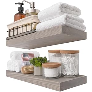 BAOBAB WORKSHOP Wood Floating Shelves Set of 2 – Rustic Shelf 16 inch – Made in Europe – Wide Wooden Wall Shelves for Living Room Bedroom Kitchen Bathroom Farmhouse – Grey Color – 16D x 6.7W