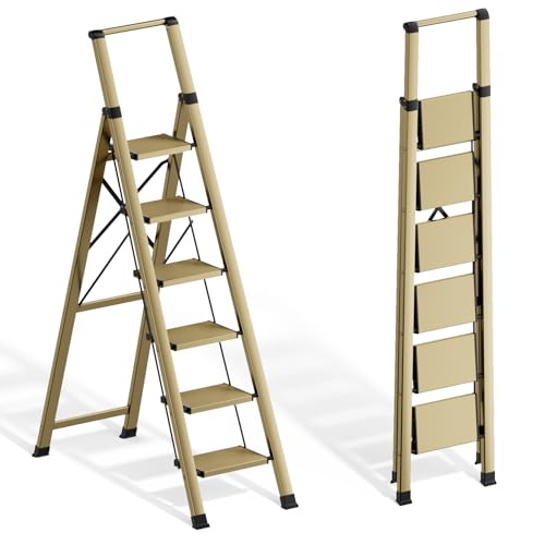 GameGem 6 Step Ladder for 12 Feet High Ceiling, Lightweight Aluminum Folding Step Stool with Convenient Handgrip, Stepladders with Anti-Slip and Wide Pedal for Home Use Space Saving - Gold