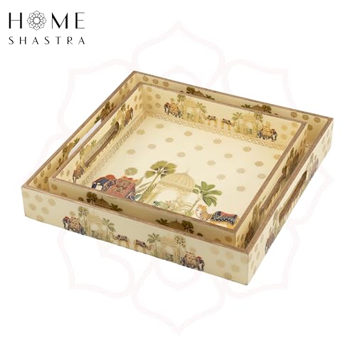 Image of Wooden Serving Tray with Gold Engraving | Set of 2 | Size : 12 x 12 inch & 10 x 10 inch | Enamel Coated Waterproof | Square Trays | Decorative Trays | (Royal Camel Square Trays Set)