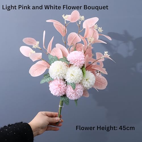 Image of Combo Set of Modern Geometric Vase and Premium Handmade Realistic Artificial Flower Bouquet for Living Room, Bedroom, Office & Gifting (Pink & White)