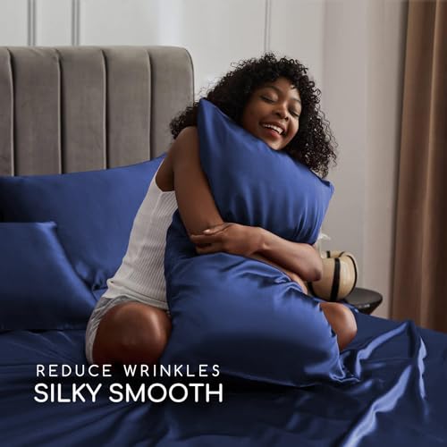 Image of MR&HM Satin Bed Sheets, King Size Sheets Set, 6 Pcs Silky Bedding Set with 15 Inches Deep Pocket for Mattress (King, Navy Blue)