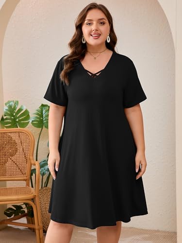 Image of AusLook Plus Size Midi Dress for Women Short Sleeve V Neck Criss Cross A Line Summer Casual Vacation Sundresses with Pockets