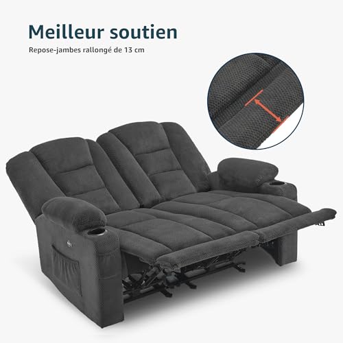 Canapé Relax Électrique 2 Places USB Gris M MCombo