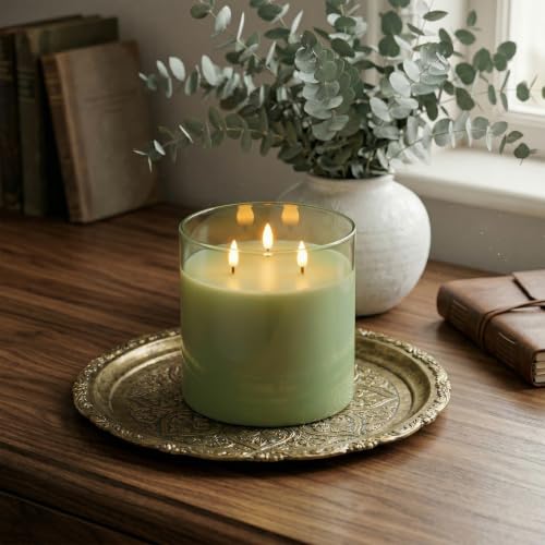 Image of Homemory 6 x 6 Inch Extra Large Flameless Candle with 3 Wicks, Sage Green Glass LED Pillar Candle, Real Wax Battery Operated Candle with Remote Control and Timer for Home Decor