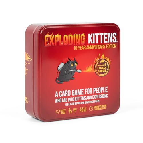 Exploding Kittens -10th Anniversary Collectible Tin (New Edition) – Updated with 8 Legacy Cards – Hilarious Fast-Paced Card Game for Adults and Kids, Travel Friendly, Ideal for Family Game Night