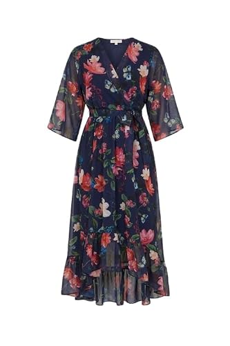 Image of Yumi Navy Floral Kimono Wrap Dress with Dip Hem (UK, Numeric, 10, Regular, Regular, Navy)