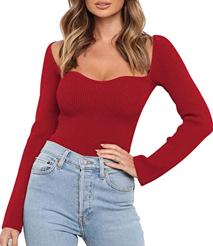 Image of LILLUSORY Women's Sweetheart Neckline Sweater 2024 Spring Ribbed Knit Slim Fit Pullover Tops