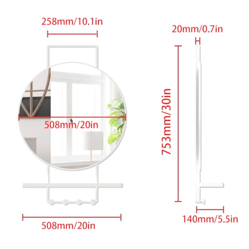 Image of BEAUTME Wall Mirror with Shelf and Hooks, 30x20 Inch Metal Framed Round Bathroom Mirrors with Shelf, Modern Farmhouse Wall Decor for Living Room Bedroom Entryway, Vertical (White)