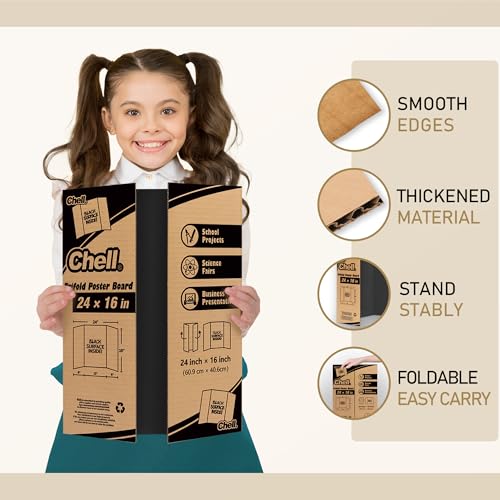 Image of Chell Mini Size Trifold Poster Board, 16 inch x 24 inch, Small Corrugated Project Boards, Black, 2 Pack
