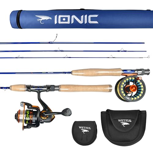 Ionic Fly/Spin Carbon Fiber Fishing Rod Combo - All-in-One Hybrid Kit for Fly & Spin Anglers, Pre-Loaded Reels, Protective Travel Case