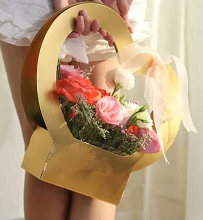 Image of Oasis Pack of 10 Flower Bouquet Gift Bags with Handles | Valentine's Day Gifting Bags for Her & Him | Goodie Bags for Wedding Return Gifts, Birthday, Bridal & Baby Shower | 40x20x7.5 cm | Heart Gold