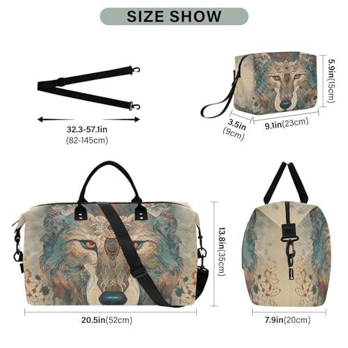 Large Travel Duffel Bag, Cool Wolf Head Boho Sports Tote Gym Bag, Shoulder Weekender Overnight Bag for Women Men, Carry On Luggage with Toiletry Bags3