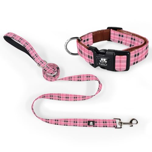 NESTROAD Dog Collar and Leash Set,Soft Neoprene Pet Collar with Quick Release Buckle,Adjustable Nylon Dog Collars for Small Medium Large Dogs(Large,Cherecked Pink)