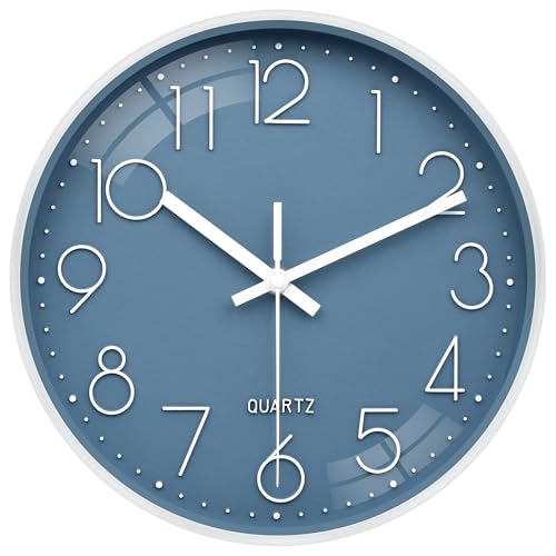 VIKMARI Horloge Murale Moderne et Simple 25 cm Silencieuse Bleue à Pile Décorative pour Enfants, Salon, Chambre à Coucher, Cuisine, Bureau, Salle de Bain...