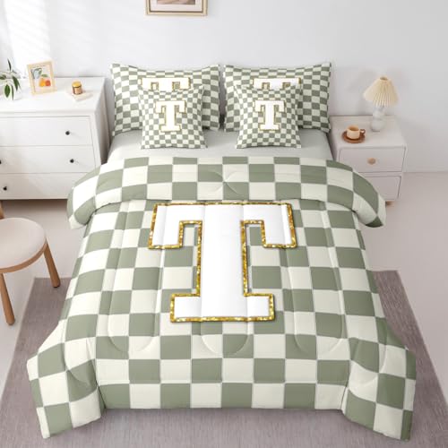 Image of Erosebridal Sage Green Checkered King Bed in A Bag 7 Piece Plaid Initial T Comforter Set with Sheets Personalized Monogram Bedding Sets for Kids Adults,Fashion Grids Gingham Bed Set
