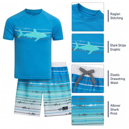 Image of Big Chill Boys Swim Set - 2 Piece Quick Dry UPF 50 Short Sleeve Rash Guard for Boys and Swim Trunks - Swimwear Set for Kids