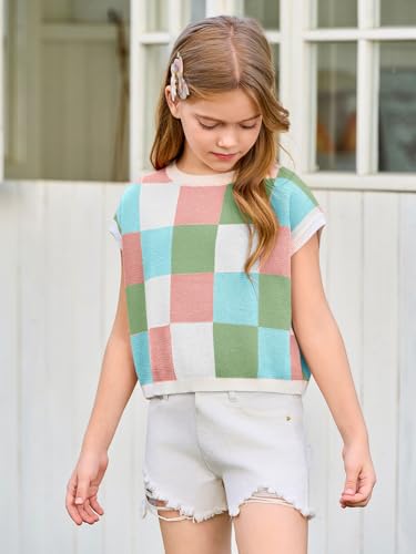 Image of Haloumoning Girls Summer Crop Tops Color Block Vest Cute Tanks Cap Sleeve Tee Loose Kids Knit Top 5-14 Years