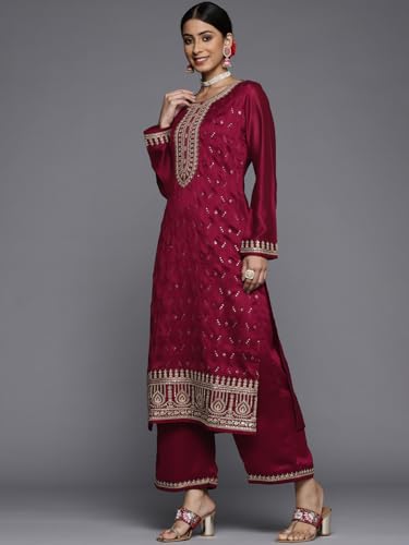 Image of Libas Womens Embellished Silk Blend Straight Kurta With Palazzos and Dupatta