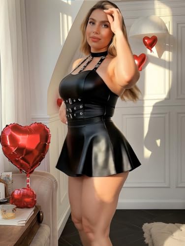Image of GirlFriend SSoShHub Women Leather Lingerie Black Babydoll Round Neck Nightwear Chemise Nightie Bodysuit Lingerie First Night Honeymoon Mini Nightdress Sheer mesh with Panty