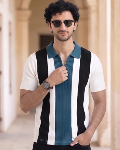 Image of AUSK Men's Zip Collar Polo Tshirt | Cotton Rich Material | Half Sleeves | Modern Knit Panel Work | Regular Fit