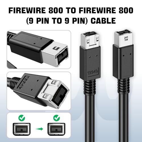 LUKFOCAB FireWire 800 IEEE 1394b 9pin to 9pin Cable, FireWire 800 (M/M) Male to Male Cord, Triple-Shielded 2FT, 9-9 Cord for PC, Digital Cameras MacBook Pro, Mac Mini, Audio Device