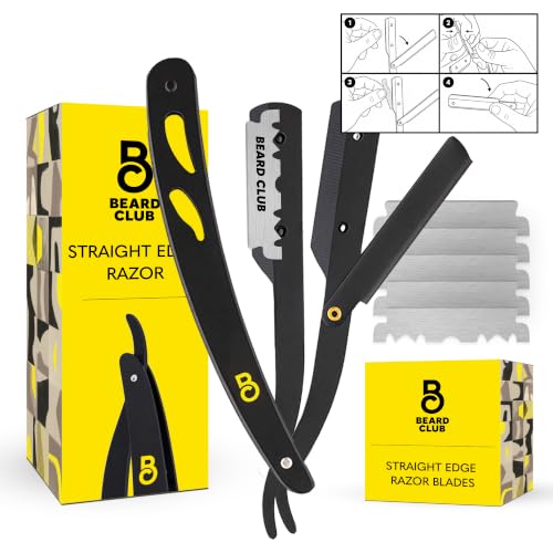 The Beard Club Straight Razor for Men - Navajas Para Barbero - Barber Straight Edge Razor Kit - Single Derby Blade Cutthroat With 5 Replaceable Stainless Steel Blades - Black
