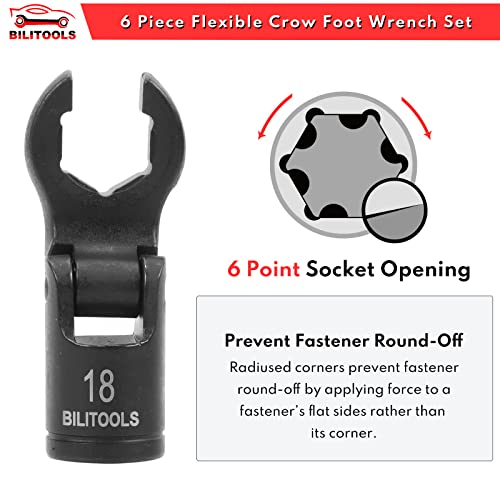 Bilitools Flex-Head Crows Foot Line Wrench Set, 3/8" & 1/2" Drive Injector Fuel Line Crowfoot Flare Nut Socket Wrench Metric 12-19 Mm #TOP5