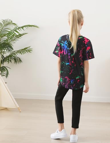 Image of Girls 2 Piece Outfits Kids Clothes Pants Sets Print Short Sleeve Top Leggings Spring Summer Tracksuit 4-13Y
