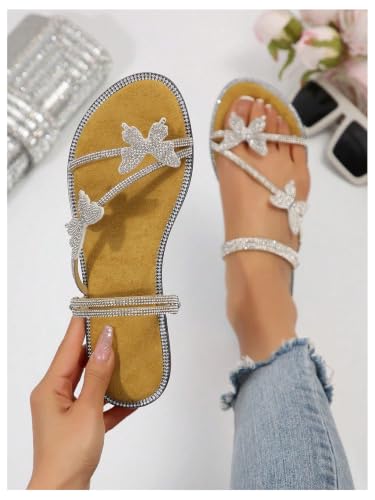 Image of OYOANGLE Women's Silver Rhinestone Sandals Sparkly Dressy Flat Sandals