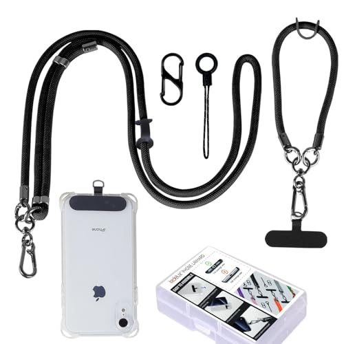 kedelux Phone Lanyard Crossbody, Adjustable 1x Cell Phone Neck Strap 1 x Wrist Strap, Anti Theft Universal Nylon Phone Chain for iPhone Samsung, Black