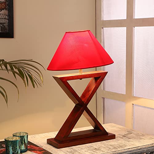 Image of tu casa Table Lamps with Mango Wood Base & Red Cotton Shades for Home Decor, Bedrooms, Living Room, Gifting, Diwali Decoration, Dining Space, Study Room, Hall (Height- 42cm) - Bulb not Included
