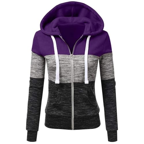 Newbestyle Hoodies for Women Color Block Hooded Sweatshirt Basic Zip-Up Jersey Jacket Long Sleeve Top with Pockets Plus Size Purple M